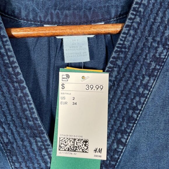 H&M Dress Women's 2 Blue Denim Chambray Tunic Stretch V-Neck Lyocell - Picture 5 of 10